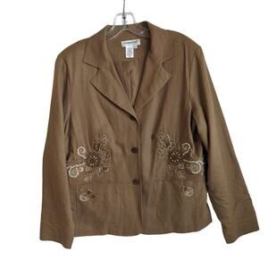L Coldwater Creek Blazer Jacket Linen Rayon Beaded Embroidery Embellished Floral